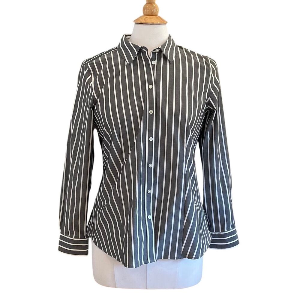 Talbots Non-Iron Black Striped Button Down Dress Shirt, Career, Minimalist, 10P